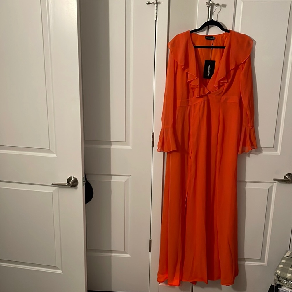 Bright orange plunge frill maxi dress